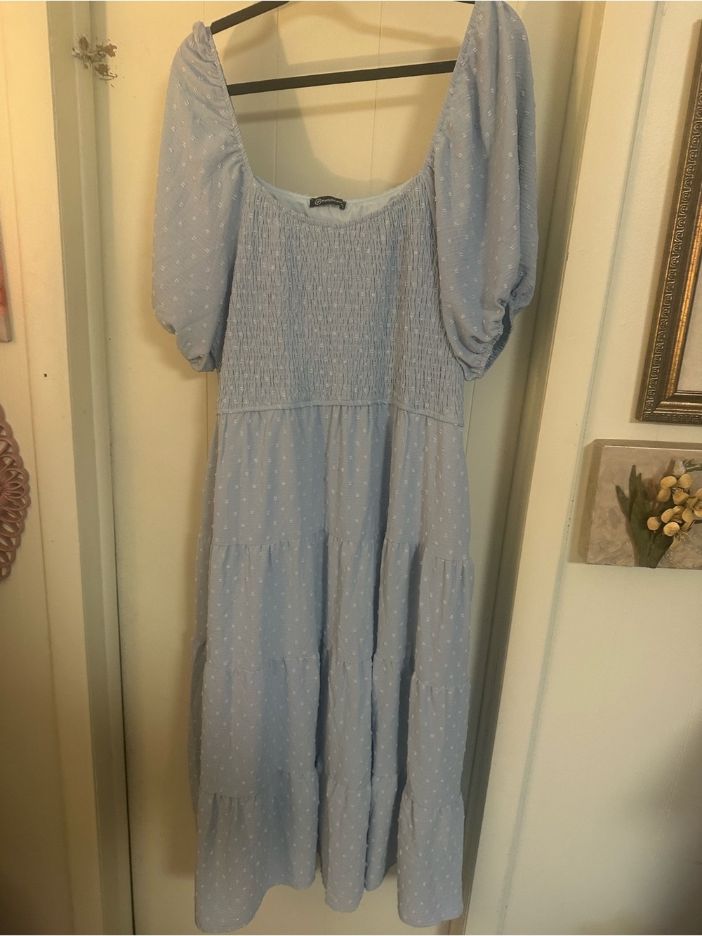 PrettyGarden Light Blue Swiss Dot Smocked Maxi Dress